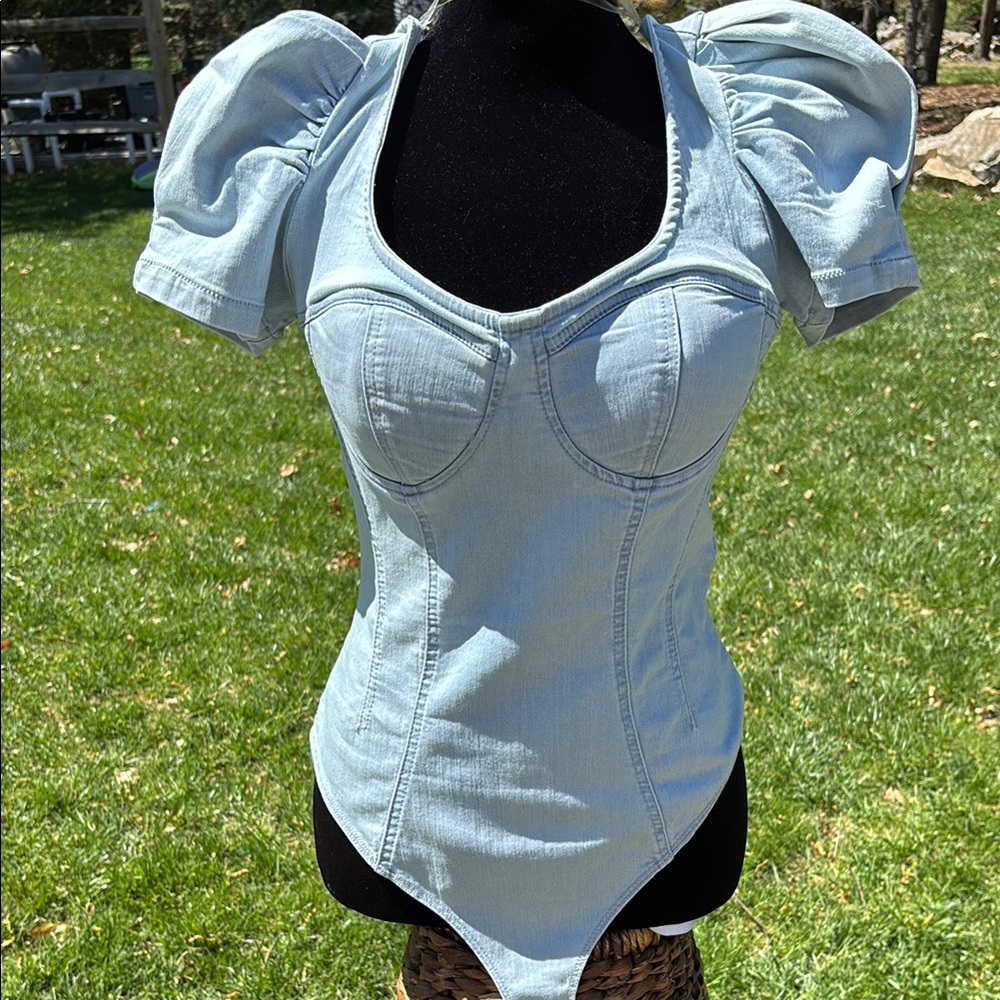 Women's Light Blue Denim Puff Sleeve Top bodysuit M  Y2K